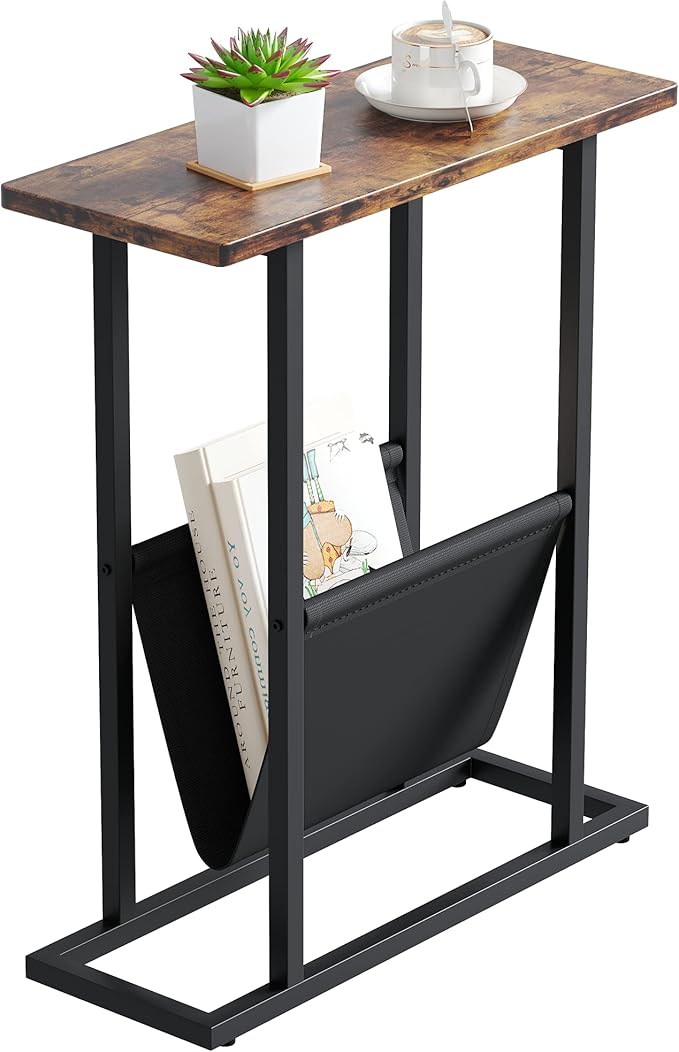 Narrow Side Table for Small Spaces, Small End Table with Magazine Holder, Skinny Slim Little Thin Table for Living Room, Bedroom, Sofa, Rustic Brown