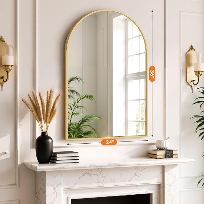 Sweetcrispy Arched Bathroom Mirror 36x25 Inch Gold Metal Framed Arch Vanity Mirror for Wall, Over Sink, Farmhouse, Restroom, Anti-Rust, Modern Decorative, Hanging or Leaning