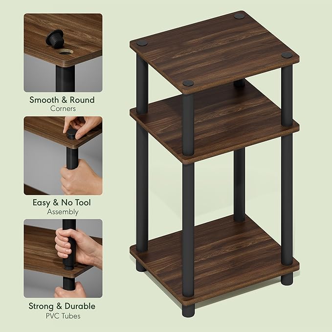 Furinno Just 3-Tier Turn-N-Tube End Table / Side Table / Night Stand / Bedside Table with Plastic Poles, 2-Pack, Columbia Walnut/Black