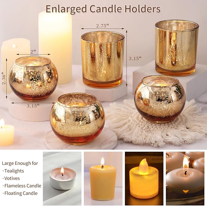20 Pcs Assorted Gold Votive Candle Holders Bulk, Larger Size Mercury Glass Votives with Round Candle Holder for Wedding Decorations, Tealight Candle Holder for Gold Party Table Centerpieces