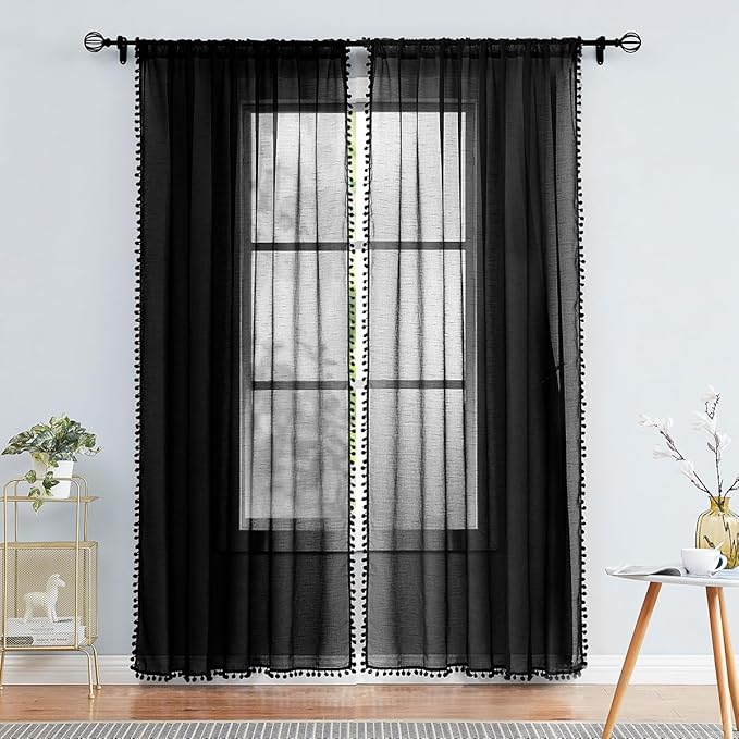 Treatmentex Black Sheer Curtains for Living Room 95" Linen Texture Chic Curtain Panels Pom Pom Trimmed Voile Drapes for Bedroom Office Children's Room 2pcs