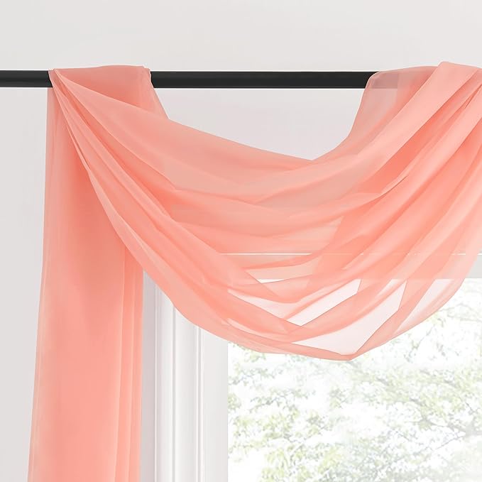 NICETOWN Sheer Scarf Curtain for Bedroom - Soft Voile Textured Window Topper Curtain Valance for Princess/Daughter Room Decor (W60 x L216, 1 Pack, Coral)