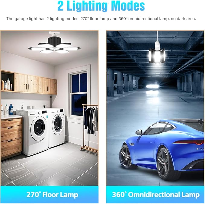 LED Garage Light Bulbs, 100W 6000K Garage Lights Ceiling Led with 6 Adjustable Panels, E26/E27 Screw in Shop Light for Attic Workshop Basement Barn - 4 Pack