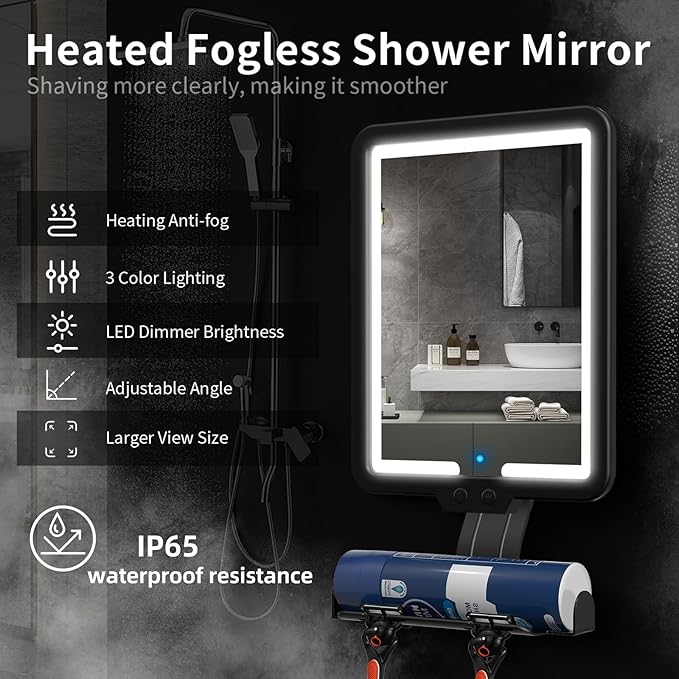 Shower Mirror Fogless for Shaving, Heated Shower Mirror with 3 Color Lights Dimming 9.5*8inch Shower Shaving Mirror, Lighted Shower Mirror Large Antifog Shaving Mirror with Storage Tray & Razor Holder