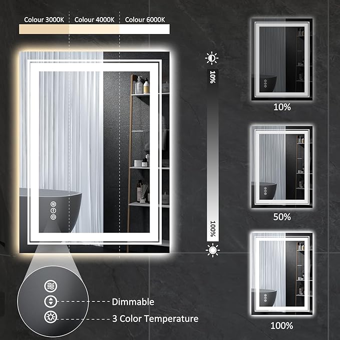 28" x 20" LED Bathroom Mirror with Lights, Front and Backlit Mirror, Anti-Fog Lighted Vanity Mirror, Stepless Dimmable, 3 Colors LED Mirror (Horizontal/Vertical)