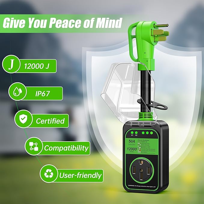 MILLIONHOME RV Surge Protector 50 Amp Waterproof, Upgraded 12000 J RV Power Surge Protector, Adapter Plug for RV Camper, Circuit Analyzer for Travel Trailers with Full Protection(Green)