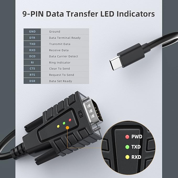 DriverGenius SerialEdgeX Series | USB-C to RS232 (DB9) Adapter with 3 LED Indicators (TX, RX, PWR), Compatible with Windows 11 and macOS 15 【USB232A-B-C, 2-Pack】