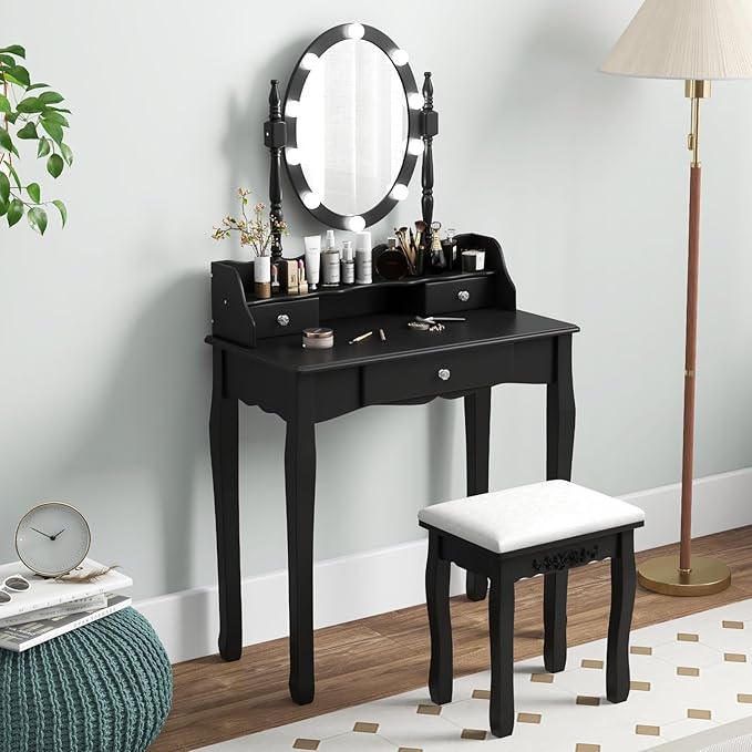 CHARMAID Girls Makeup Vanity Desk with Lights, Vanity Table with Lighted Mirror, 3 Lighting Modes, Adjustable Brightness, Modern Makeup Table with 3 Drawers and Stool for Small Space (Black)