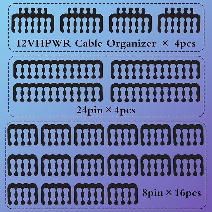 Sirlyr PC Cable Comb,PSU Cables Combs kit for Extension Cable Management 24 PCS Set 12vhpwr Cable x 4,24 pin x 4,8 pin x 16,3 mm/0.11In up to 3.5 mm/0.13 in Wire Gauge Black