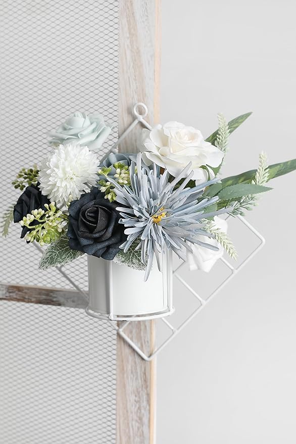 Blue White Artificial Flowers Silk Fake Roses Peonies Greenery Combo Box Set for DIY Wedding Bouquets Bridal Shower Centerpieces Floral Arrangements Party Tables Home Decoration