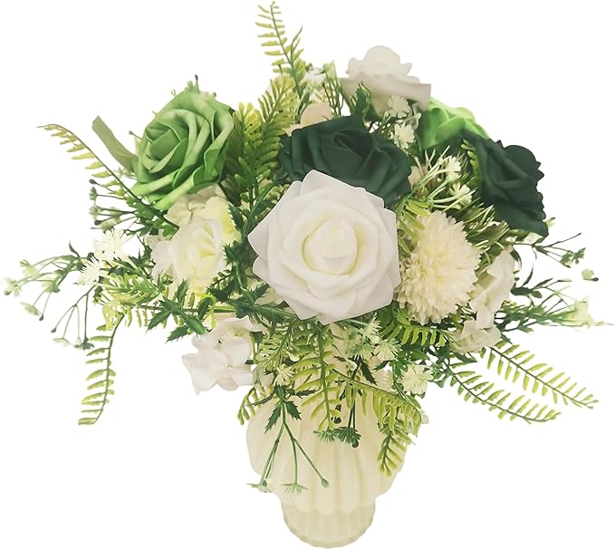 Artificial Fake Flowers 25pcs Roses, Shade of Green Foam Rose Faux Flower for DIY Wedding Bouquets Bridal Shower Centerpieces Floral Arrangements Party Tables Home Decorations