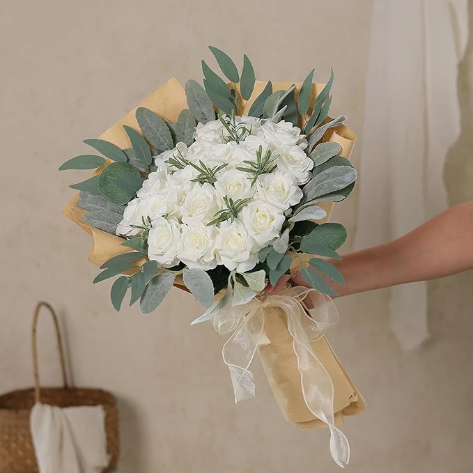 FOTEEWL 60 Pcs Artificial Rose Flower Realistic Faux Silk Roses Stem Fake Roses Bouquet for Flower Arrangement,Wedding Centerpieces,Party,Home Decorations (White)