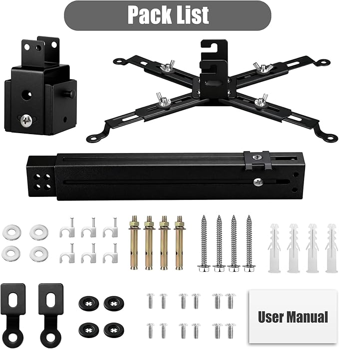 2-Be-Best Projector Ceiling Mount Wide Pipe Universal 3-in-1 Projector Wall Mount Bracket with Adjustable Arm, Flush Mount Option, Built-in Cable Management for Office Home Black