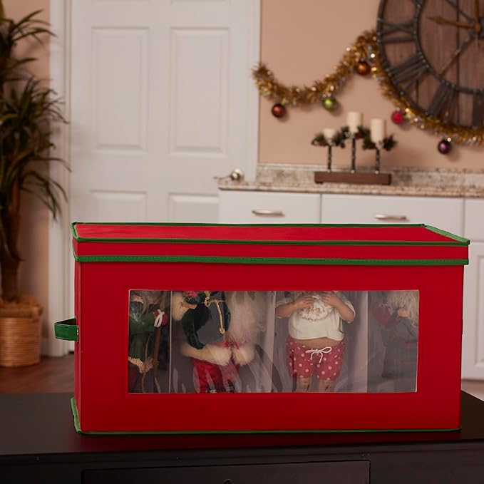 Household Essentials Holiday Figurine Storage Box, Windowed Storage with Lid, 8 Storage Compartments, Double Handles, Red with Green Trim