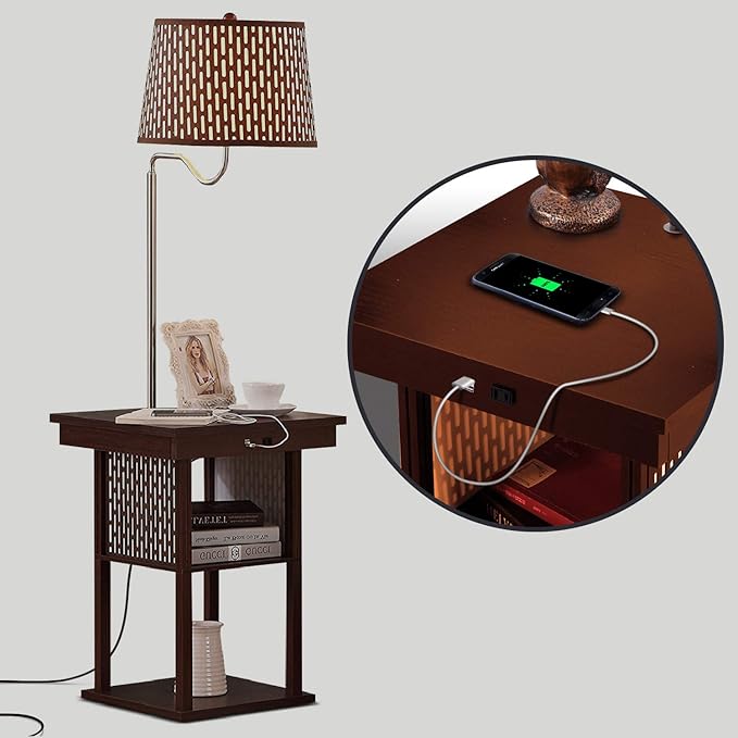 Brightech Madison Side Table with Lamp Combo with LED Bulb, Desk Lamp with USB Port, Bedside Reading Light, Modern End Table with Floor Lamp for Bedroom, Living Room, Office - Havana Brown