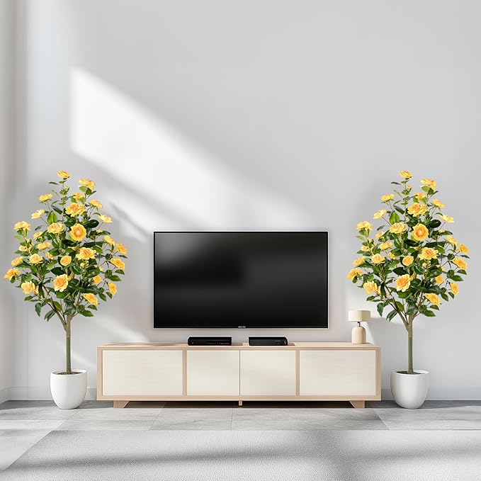 Artificial Camellia Tree 2 Pack, Artificial Plants Outdoor Faux Floral Plant in Cement Pot Fake Silk Camellia Tree Plants for Home House Living Room Office Decor