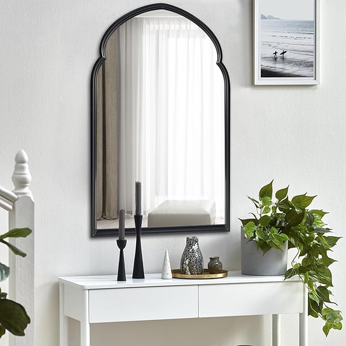 ironsmithn Arched Wall Mirror, Black Bathroom Mirror, 38" x 22" Wall Mounted Decorative Mirror, Modern Art Oblong Mirror for Master Bath Half Bath Living Room Bedroom Fireplace Entryway