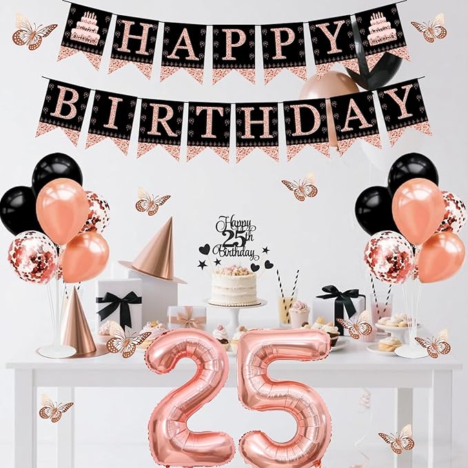 25th Birthday Decorations for Women - 56pcs Rose Gold Happy 25th Banner, Rhinestone Crown & Sash, Cake Topper, 40 Balloons, 3D Butterflies & 4 Balloon Stands (25)