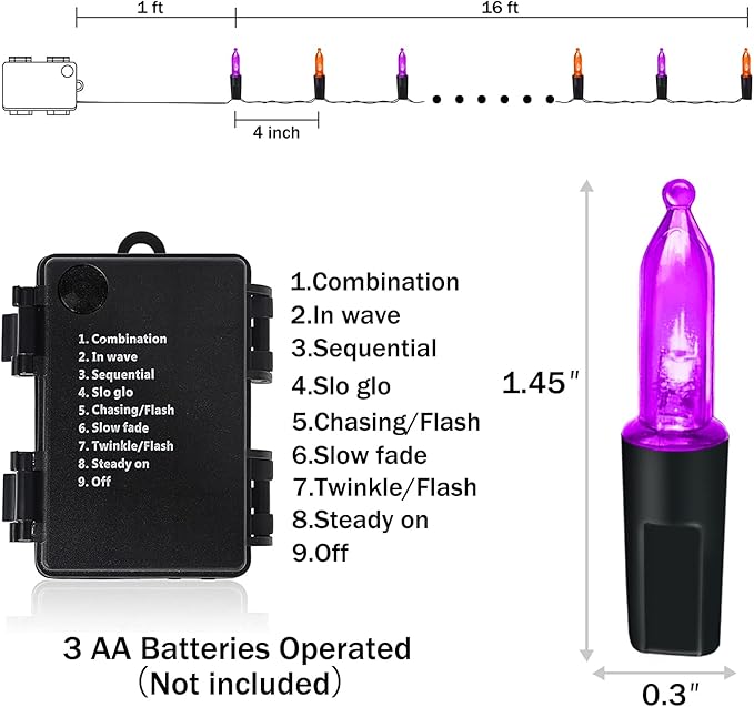 KOUQIYA Battery Halloween Lights, 2 Pack Total 100 LED 17ft Mini String Light with Auto-Timer 8 Modes Waterproof Tree Lights (Orange&Purple, 50 LEDs x 2 Pack)