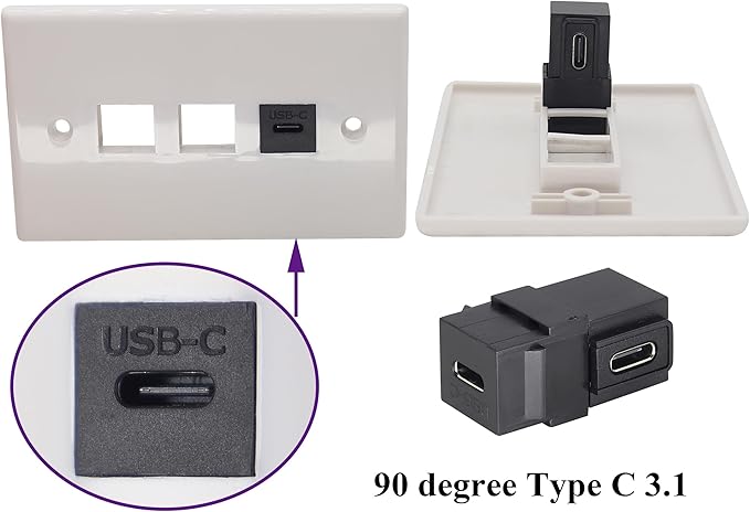 90 Degree USB C 3.1 Keystone Insert Jack Connector Right Angled USB 3.1 Type-C Female to Female Keystone Insert Socket Adapter Coupler for Wall Plate Outlet Panel (90 Degree/Black/2 Pack)