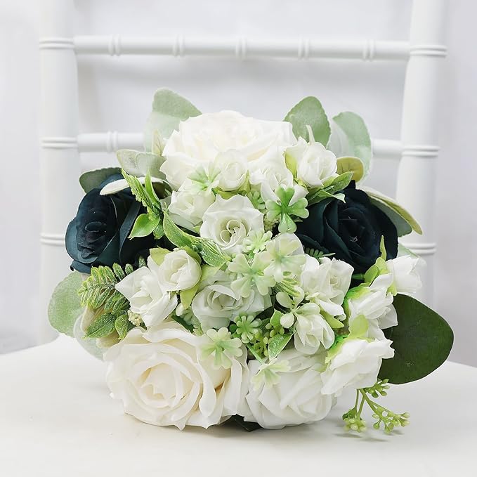 Wedding Bridesmaid Bouquet Set of 4 - Artificial Flowers Bouquets for Bridesmaids Pre-Made 7 Inch Faux Small Floral Bouquets Bridal Shower, Wedding, Ceremony, Anniversary - White Teal Blue
