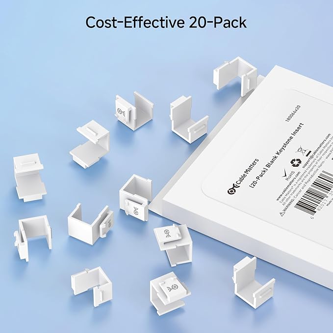 Cable Matters 20-Pack Blank Keystone Jack Inserts in White, Blank Inserts for Keystone Wall Plates/Patch Panels