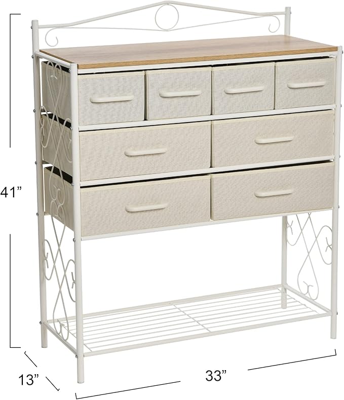 Household Essentials Victorian Style 8-Drawer and Bottom Shoe Shelf Storage Organizer Unit, White and Coastal Oak Color