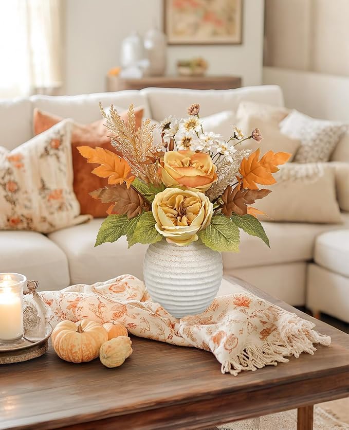 Artificial Fall Floral Centerpiece with Vase, Fake Flowers for Autumn Table Decorations, Silk Rose & Maple Leaves Arrangement, Rustic Cement Vase Harvest Decor for Dining Table, Kitchen, Living Room