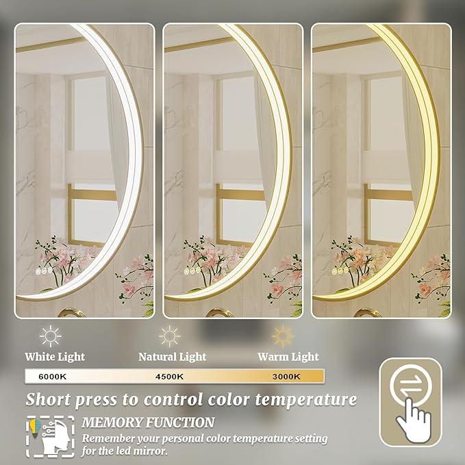 24 Inch Round LED Bathroom Mirror, Gold Metal Framed Lighted Mirror for Bathroom, Wall Mouted LED Vanity Mirror with Lights, 3 Colors and Stepless Dimmable, Anti-Fog, Memory