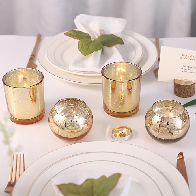 20 Pcs Assorted Gold Votive Candle Holders Bulk, Larger Size Mercury Glass Votives with Round Candle Holder for Wedding Decorations, Tealight Candle Holder for Gold Party Table Centerpieces