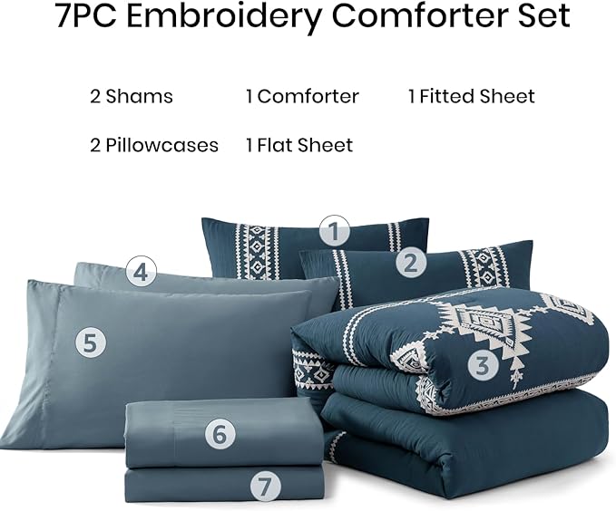 MaiRêve Embroidery Full Size Comforter Set Navy Blue, Farmhouse Western Boho Bedding Set 7 Pieces, All Season Bed in A Bag Comforter Set with Sheets, Pillowcases & Shams