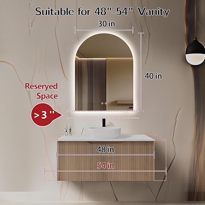 Niccy Arched LED Bathroom Mirror, 40x30 Inch Arch Frameless Backlit Mirrors for Wall Arched Lighted Vanity Mirrors Defogger and 3 Color, Explosion-Proof, HD Glass and IP65 Waterproof
