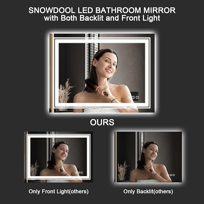 LED Bathroom Mirror, 48"X40" with Front and Backlit, Anti-Fog, Large Bathroom Vanity Mirror for Wall, Memory Function, Stepless Dimmable, Tempered Glass (Horizontal/Vertical)