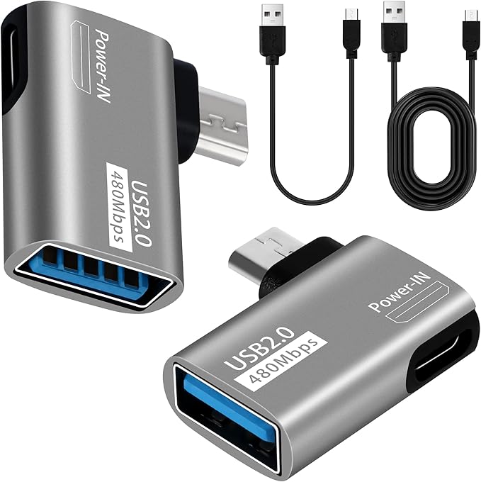 2 Pack OTG Cable Adapter for Fire TV Stick,90 Degree Left & Right Angle Powered Micro USB to USB OTG Adapter for Android Phone Tablet and More Host Devices with Micro USB (with 2 USB A to Micro Cable)