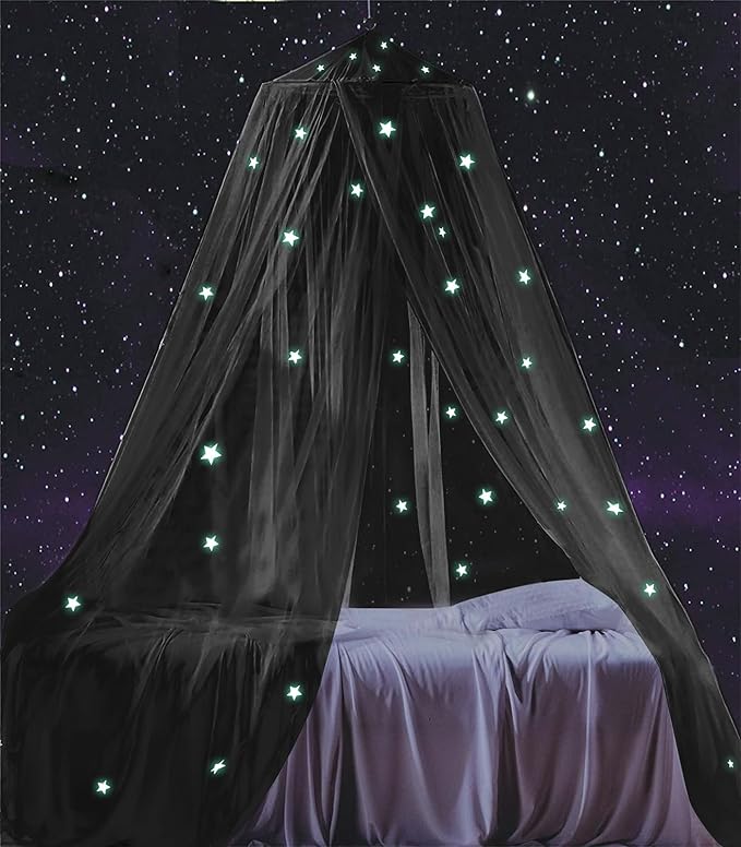 South to East Bed Canopy with Glowing Stars in The Dark, Black Bed Curtains for Kids & Toddler Beds, Twin, Full & Queen, Mosquito Net Canopy for Adult Bedrooms, Easy to Install