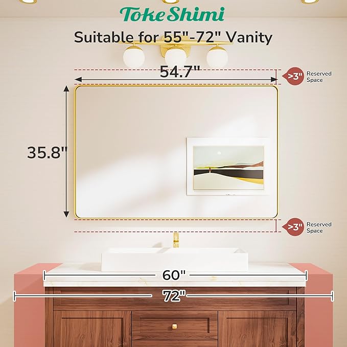 TokeShimi 55x36 Bathroom Mirror Brushed Nickel,Aluminum Framed Bathroom Mirrors for Over Sink,Rectangle Vanity Mirror Bath,Tempered Glass Wall Mirror Modern(Horizontal/Vertical)