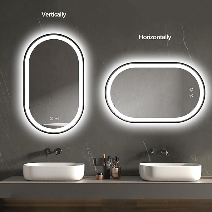 Niccy Oval LED Mirror for Bathroom, 40x24 Front Lit + Backlit Vanity Mirrors with Light Anti-Fog, Shatter-Proof, 3 Colors, Makeup Mirror with Black Frame (Horizontal/Vertical)
