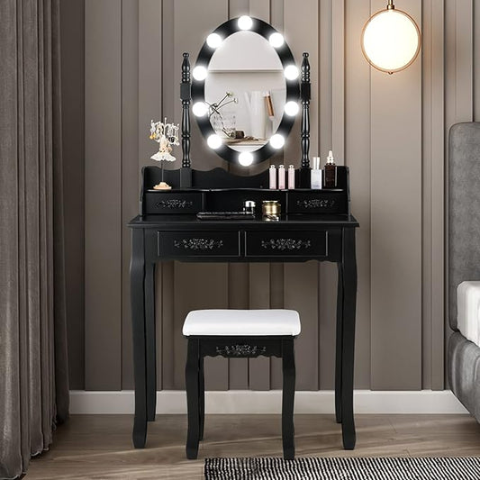 Giantex Makeup Vanity Table with 10 LED Lights, Adjustable Brightness, 4 Drawers, Rotatable Mirror, Cushioned Stool, Vanity Desk Dressing Table Bedroom Furniture (Black)