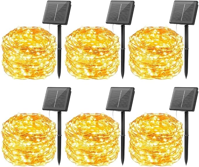 Minetom Solar String Lights for Outside, 6 Packs Total 198Ft 600 LED Outdoor Solar Fairy Lights, 8 Modes Balcony Lights for Tree Patio Christmas Party Wedding Decor (Warm White)