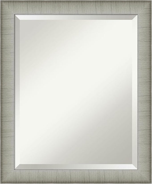 Amanti Art Silver Bathroom Mirror for Over Sink, 23x19 Elegant Brushed Pewter Narrow Rectangle Vanity Mirror, Small Casual Frame, Hangs Horizonally and Vertically, Bathroom Wall Decor, Beveled Edge