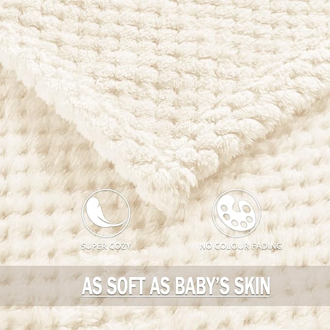 Exclusivo Mezcla Fleece Bed Blanket Queen Size, Super Soft and Warm Blankets for Couch, Sofa and Bed Waffle Textured, Cozy, Fuzzy and Lightweight (Ivory, 90x90 Inches)