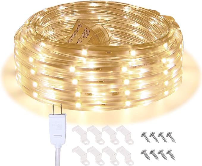 LED Rope Lights, 16.4ft Waterproof Connectable Strip Lighting, 3000K Soft White, Indoor Outdoor Mood Lighting for Home Christmas Holiday Garden Patio Party Decoration