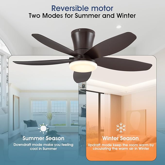 36IN Ceiling Fans with Light and Remote/APP Control, 5-Blade Reversible Motor Ceiling Fan, 3-Color Dimmable Lighting, All-Brown Finish