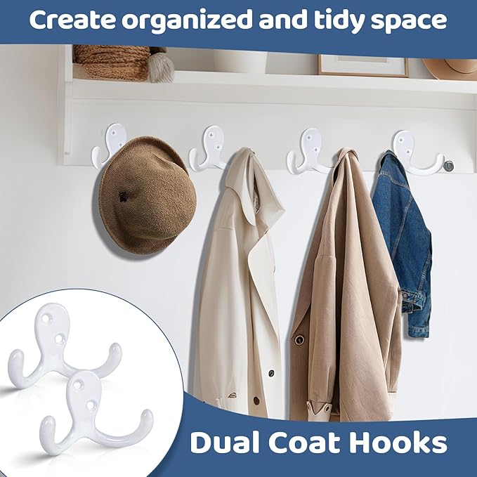 20 Pack Coat Hooks Wall Hooks for Hanging, Heavy Duty Double Prong Metal Hook Wall Mounted for Living Room, Bathroom, Kitchen, Bedroom for Coat, Bag, Scarf, Towel, Hat, Key, Cup (White)