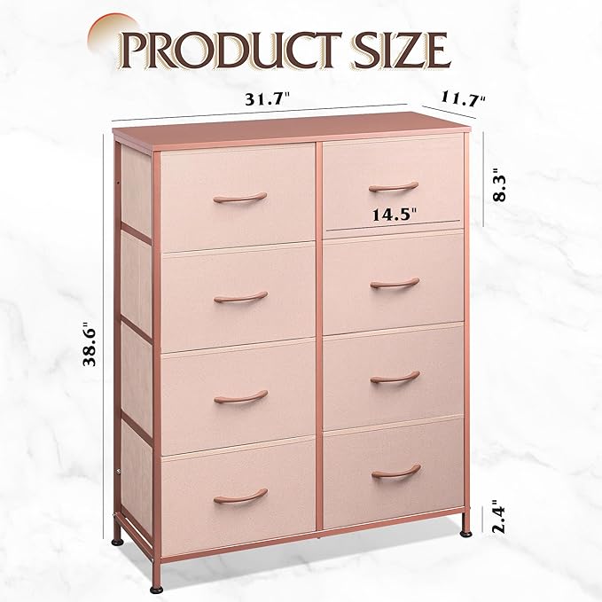 WLIVE Fabric Dresser for Bedroom, Tall Dresser with 8 Drawers, Storage Tower with Fabric Bins, Double Dresser, Chest of Drawers for Closet, Playroom, Dormitory, Pink and Rose Gold