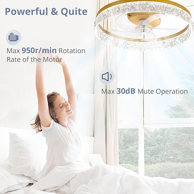 LEDIARY 22" Modern Ceiling Fans with Lights and Remote, Dimmable Low Profile Ceiling Fan, Flush Mount Fan, Stepless Color Temperature Change and 6 Speeds - Gold