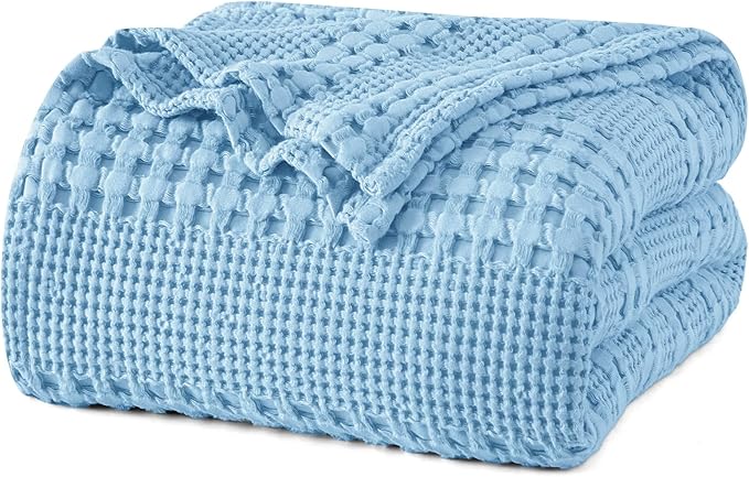 PHF 100% Cotton Waffle Weave Blanket Twin Size for Bed, Soft Lightweight & Breathable, All-Season Comfort, Luxury Aesthetic Woven Bedding for Home Decor, 66"x90", Sky Blue