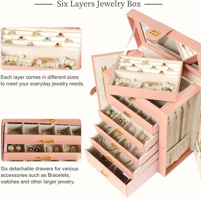 AKOZLIN Large Jewelry Box Organizer Functional Lockable with Big Mirror, Leather Jewelry Storage Case for Women Girls Ring Necklace Earring Bracelet Holder Organizer Pink