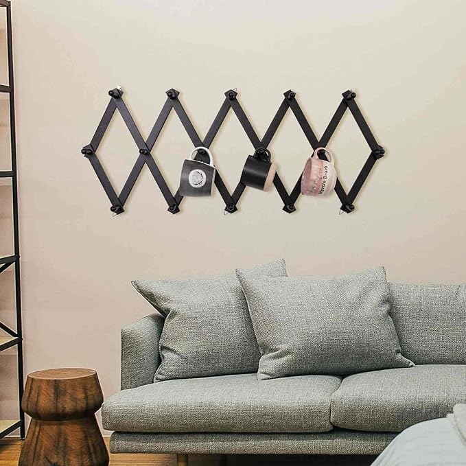 Accordion Wall Hanger with 16 Hooks, Wooden Wall Expandable Coat Rack for Coat, Hats, Baseball Caps, Coffee Mug, Jewelry(Black)