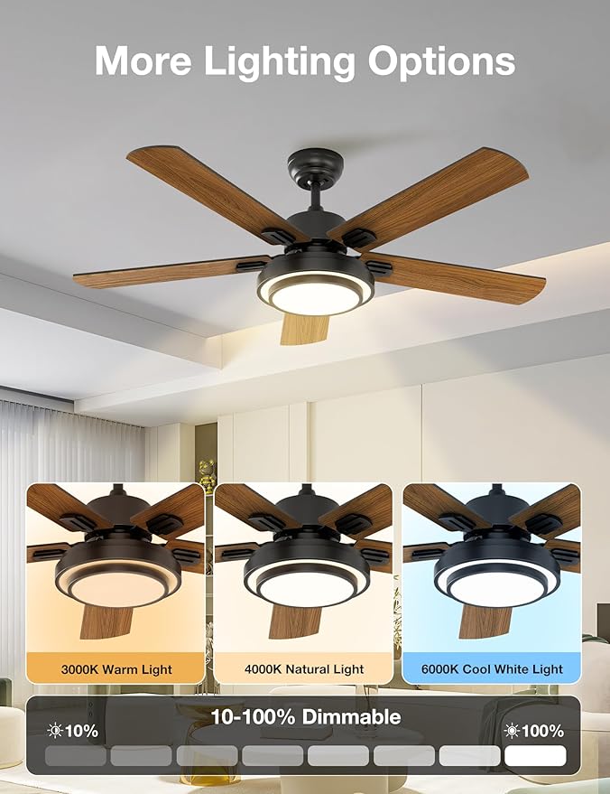 warmiplanet Ceiling Fans with Lights and Remote Control, 52 Inch, 6 Speeds Reversible DC Motor, 3 Color Dimmable Light, Timer, Noiseless, Black/Dark Walnut, 5 Blades, 2 Pack
